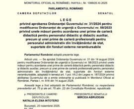 Legea care aprobă ordonanța de urgență care prevede că primele de carieră pentru profesori și personalul administrativ din școli se acordă din fonduri externe nerambursabile a intrat în vigoare